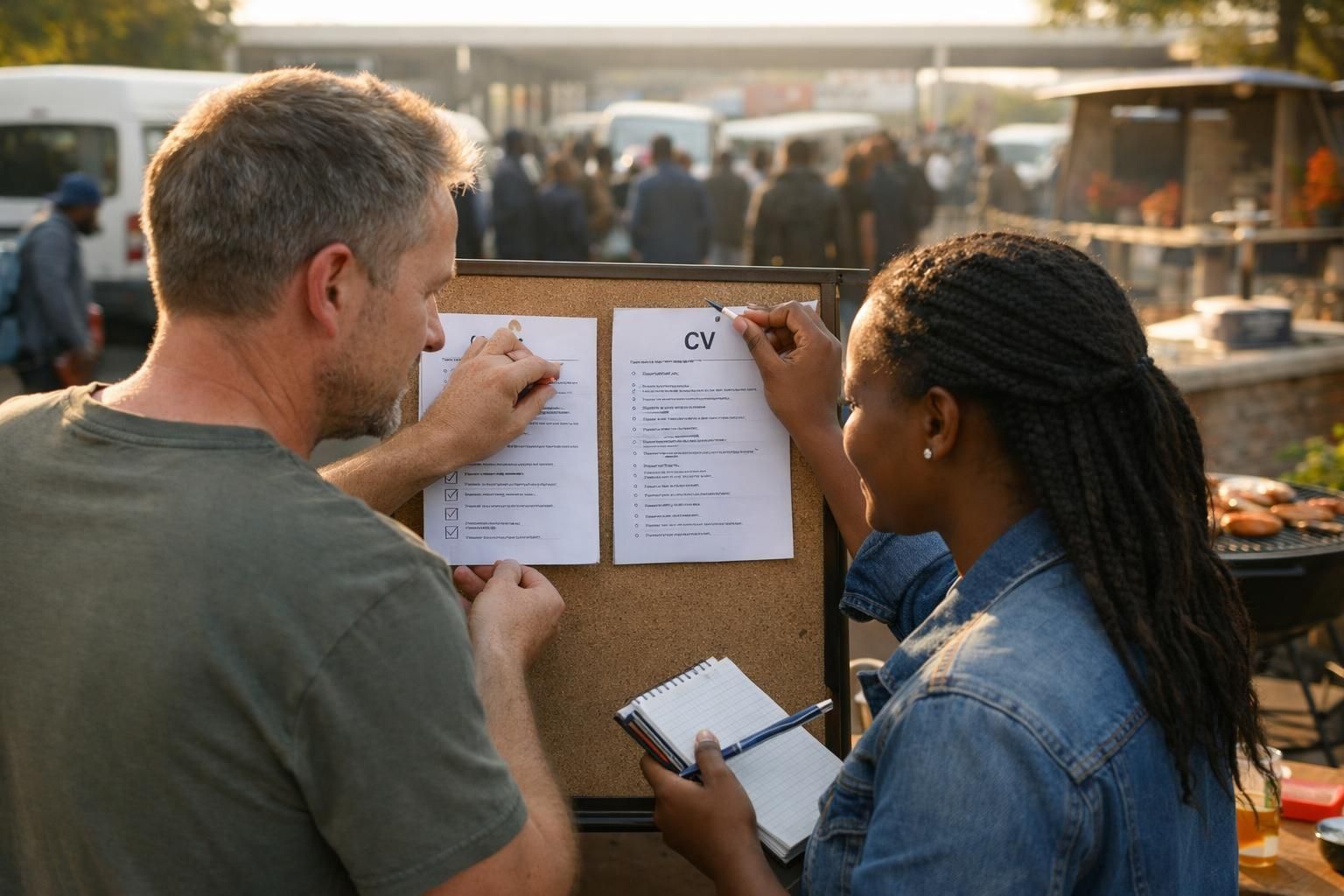 Over-the-shoulder view of a white South African man and a Black South African woman sharing notes and pinning a printed checklist beside a CV draft during a relaxed backyard braai setup near Polokwane taxi rank in early morning light.